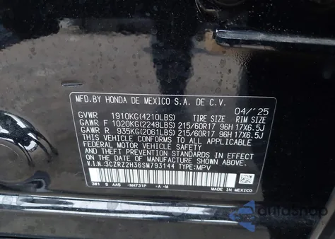 2025 Honda Hr-V Lx from USA, damaged, VIN 3CZRZ2H36SM793144